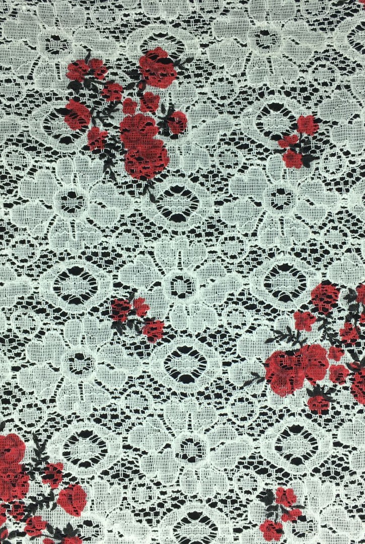 Kırmızı Çiçekli Baskılı Pamuk Naylon Yerli Dantel