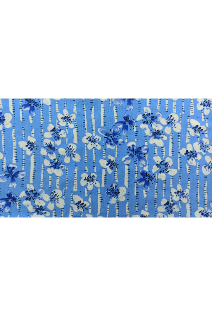 Mavi Çiçek Desenli Viskon Kumaş, 150 cm