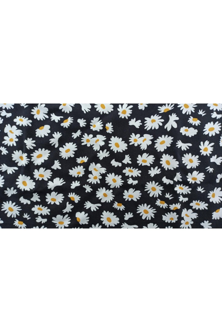 Siyah Zemin Üzerine Papatya Desenli Viskon Kumaş, 150 cm