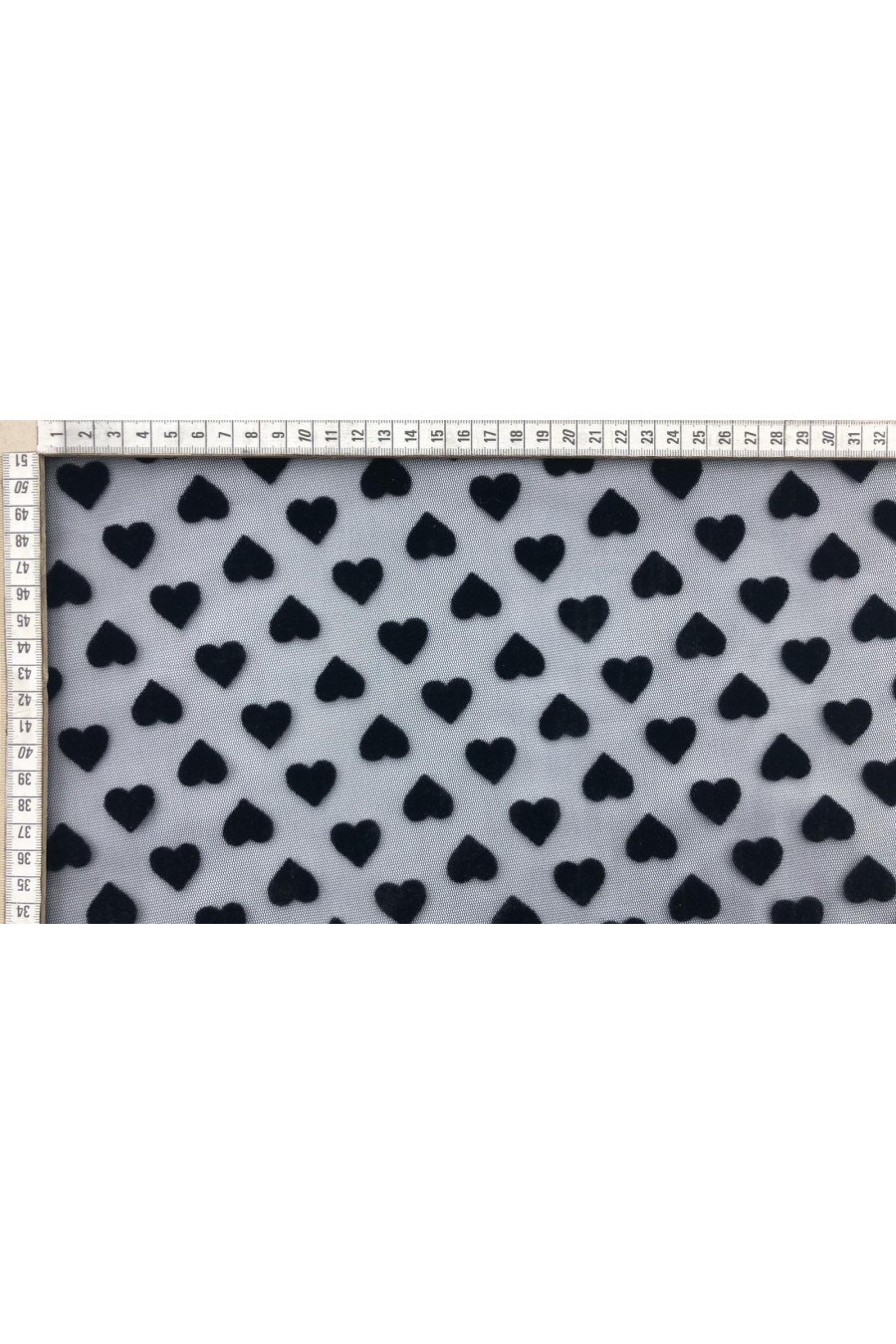 Siyah Zemin Üzeri Siyah Floklu Kalp Desenli Tül Brode Kumaş - Yerli, Polyester