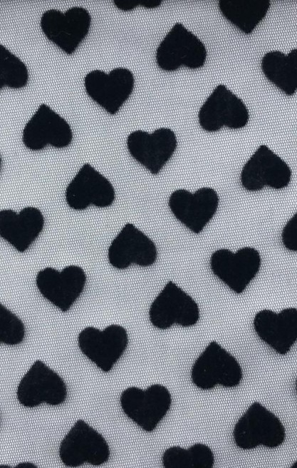 Siyah Zemin Üzeri Siyah Floklu Kalp Desenli Tül Brode Kumaş - Yerli, Polyester