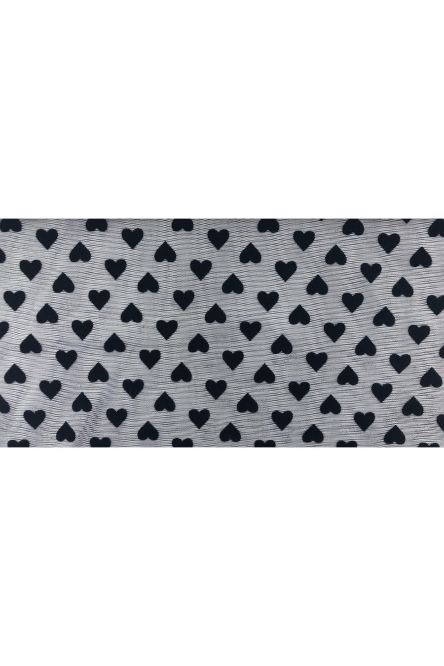 Beyaz Zemin Üzerine Siyah Flok Kalp Desenli Tül Brode