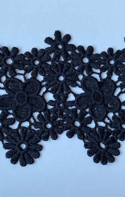 Siyah Mat Polyester Güpür Brode Bant, 9 cm