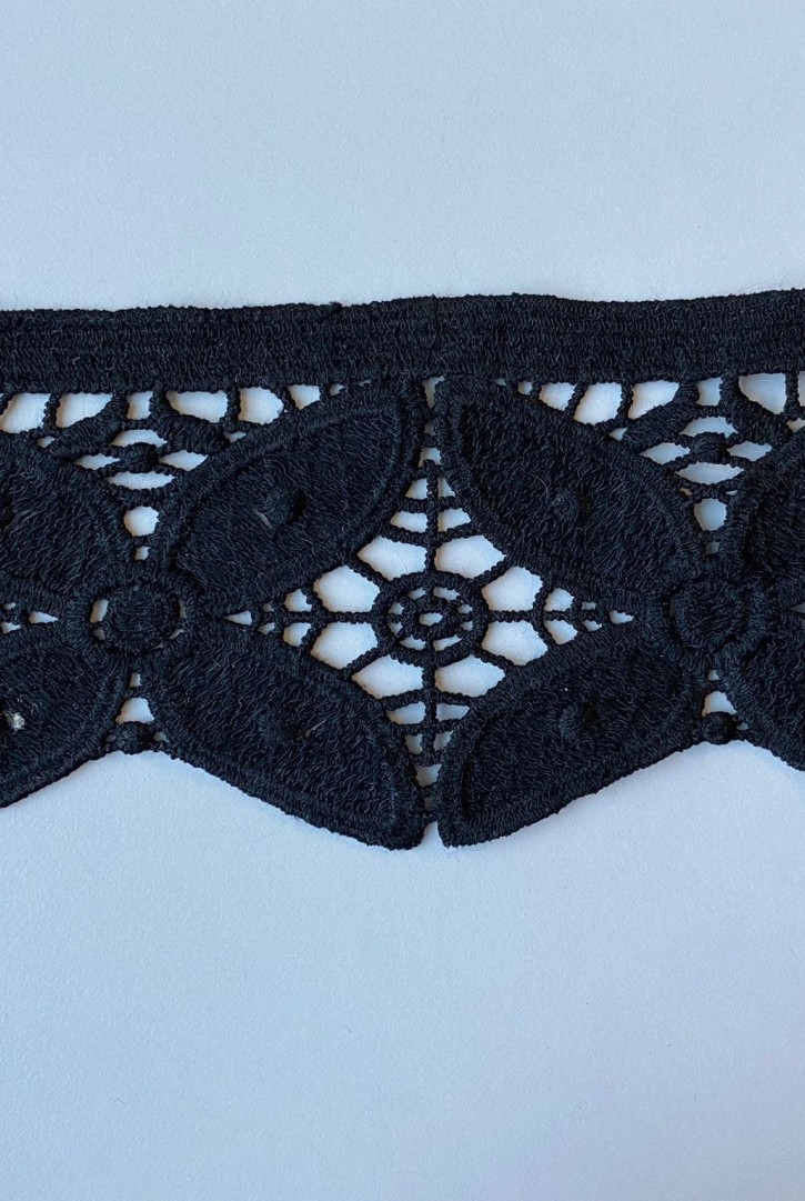 Siyah Mat Polyester Güpür Brode Bant, 7,5 cm