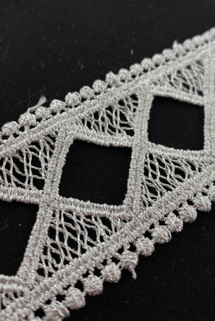 Gümüş Renk Lurex Güpür Brode Bant, 4,5 cm, Yerli