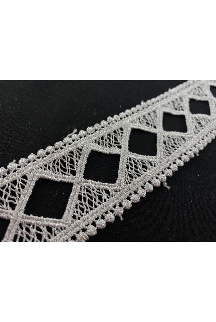 Gümüş Renk Lurex Güpür Brode Bant, 4,5 cm, Yerli