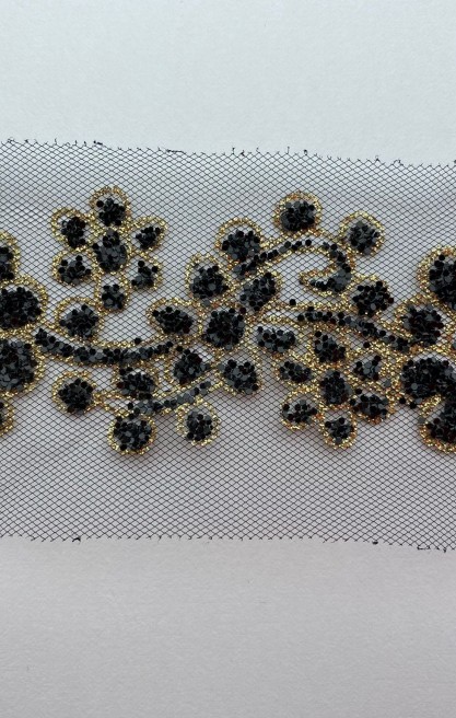 Siyah Simli Tül Üzeri Polyester Brode Bant - 6 cm