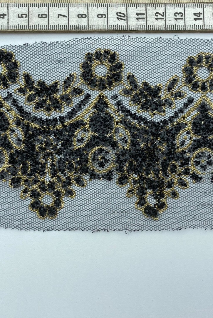 10 cm Siyah-Gold Simli Tül Üzeri Polyester Brode