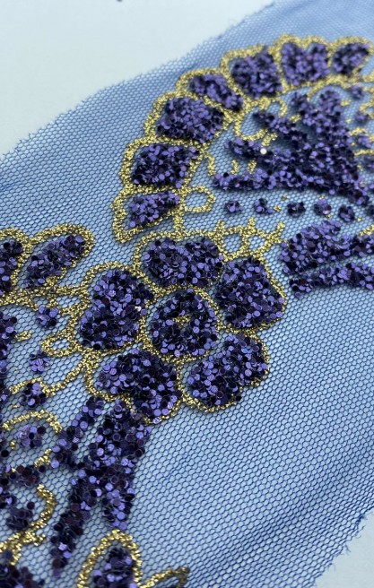 9,5 cm Lacivert Simli Tül Üzeri Polyester İthal Brode Bant