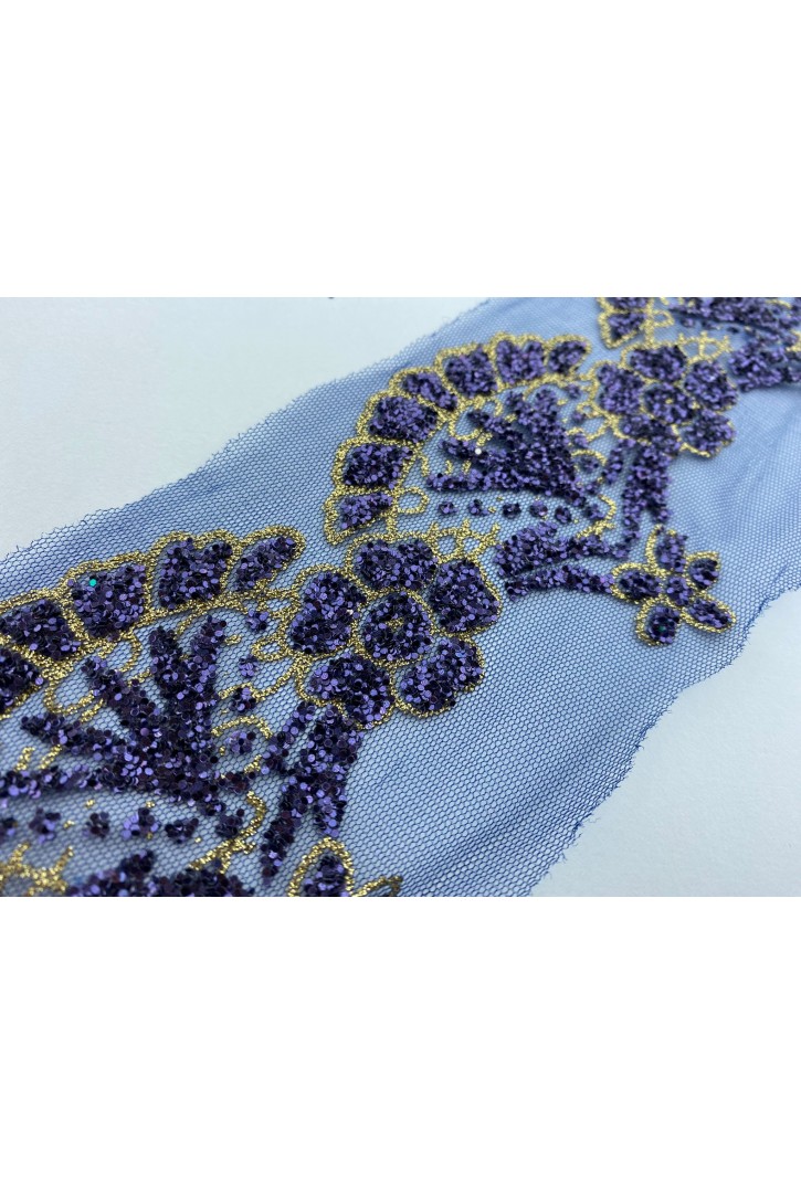 9,5 cm Lacivert Simli Tül Üzeri Polyester İthal Brode Bant