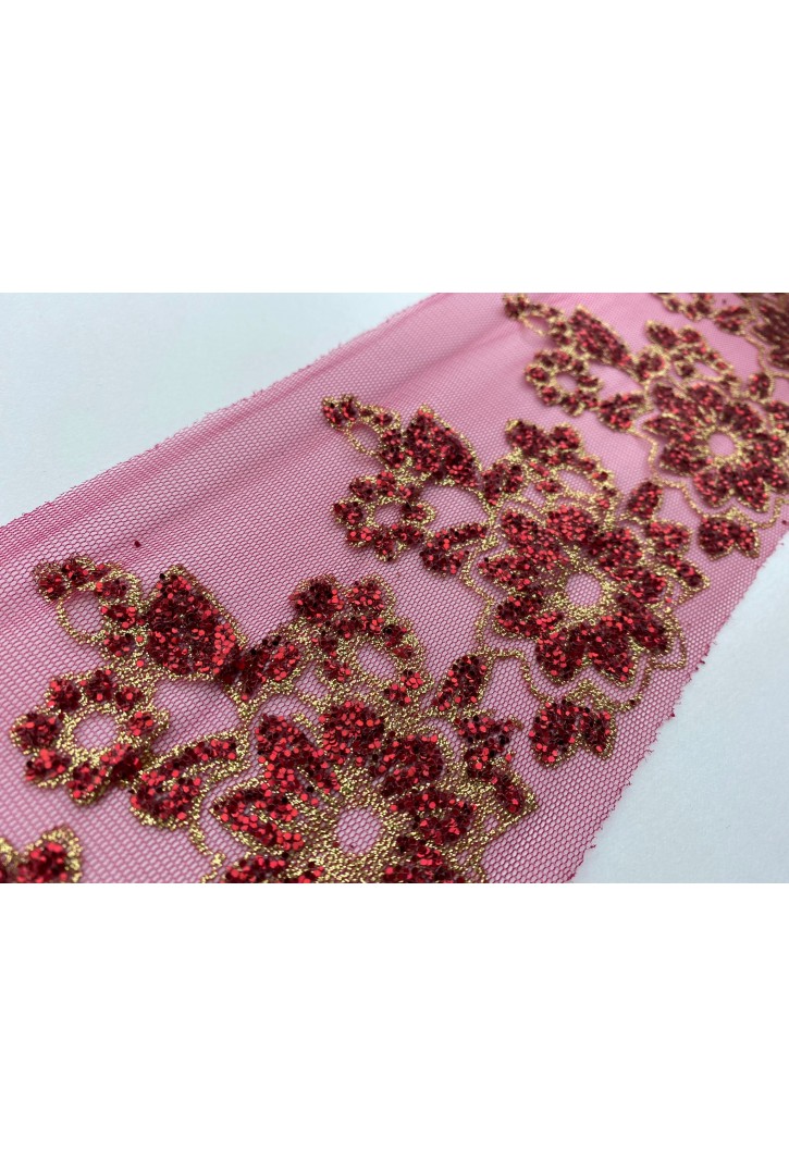 Bordo Simli Tül Üzeri Brode Bant