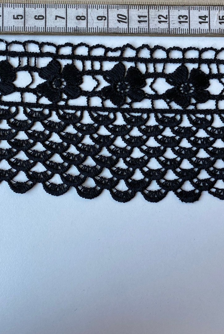 Siyah Mat Polyester Güpür Brode Bant, 8 cm