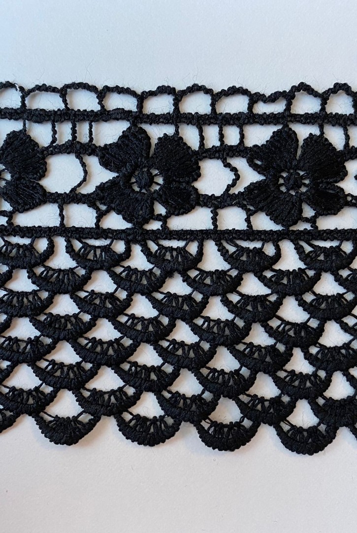 Siyah Mat Polyester Güpür Brode Bant, 8 cm