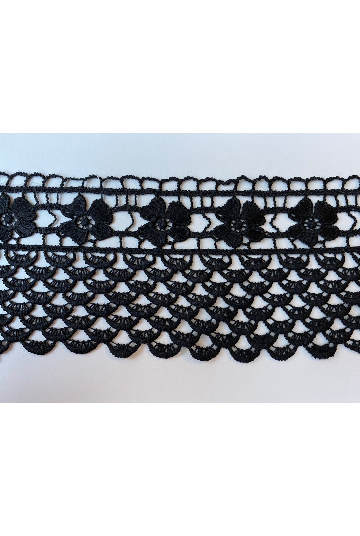 Siyah Mat Polyester Güpür Brode Bant, 8 cm