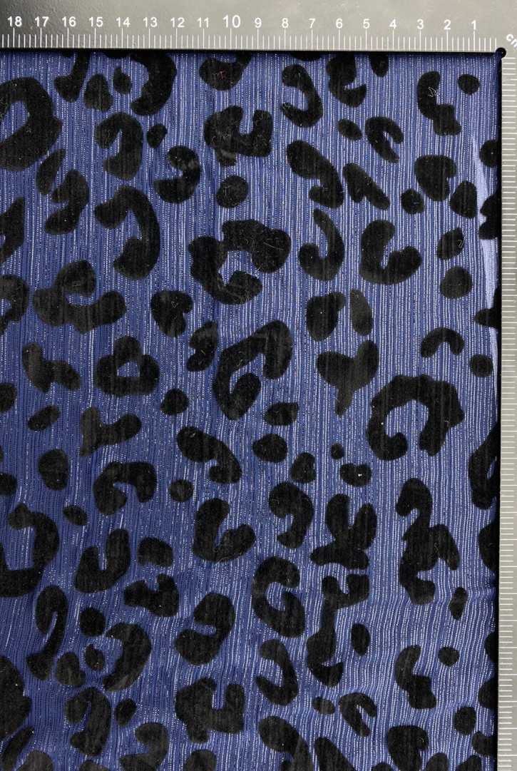 Mavi Simli Kadife Baskı Tül Üzeri Kumaş