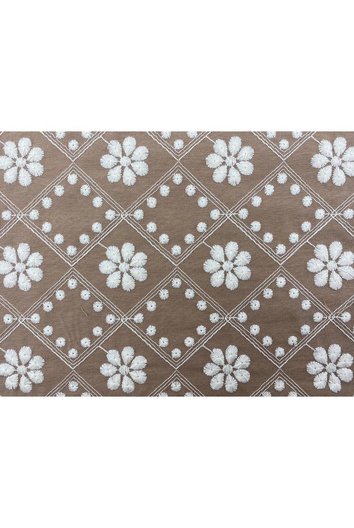 Kahve Zemin Ham İpli Pamuk Polyester Terikoton Brode Kumaş - Yerli