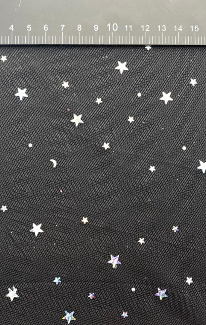 Siyah Hologram Yıldızlı Simli Likralı Tül Kumaş, 140 cm