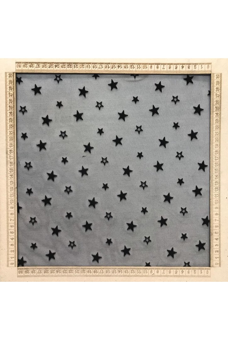 Kraşlama Siyah Flok Baskılı Tül Kumaş