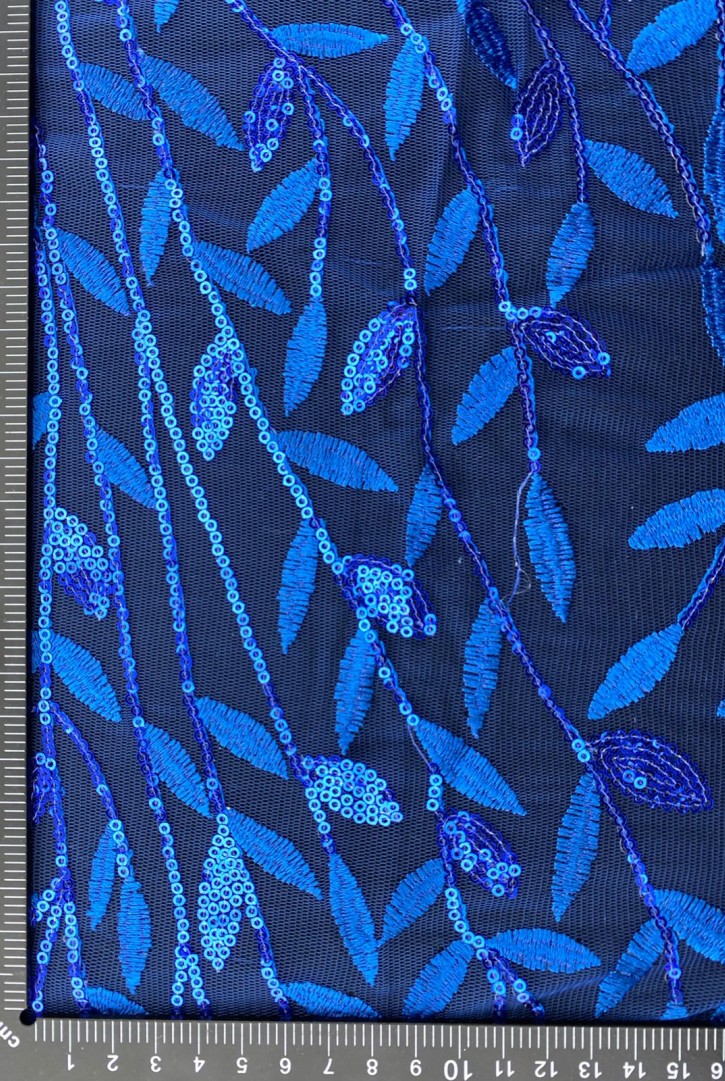 Mavi Zemin Üzeri Mavi Pullu Likralı Tül Kumaş, 135 cm