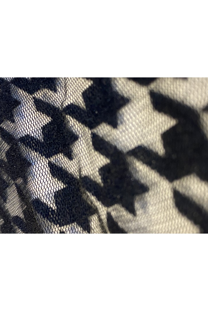 Tül Kaz Ayağı Desenli Siyah Flok Baskı