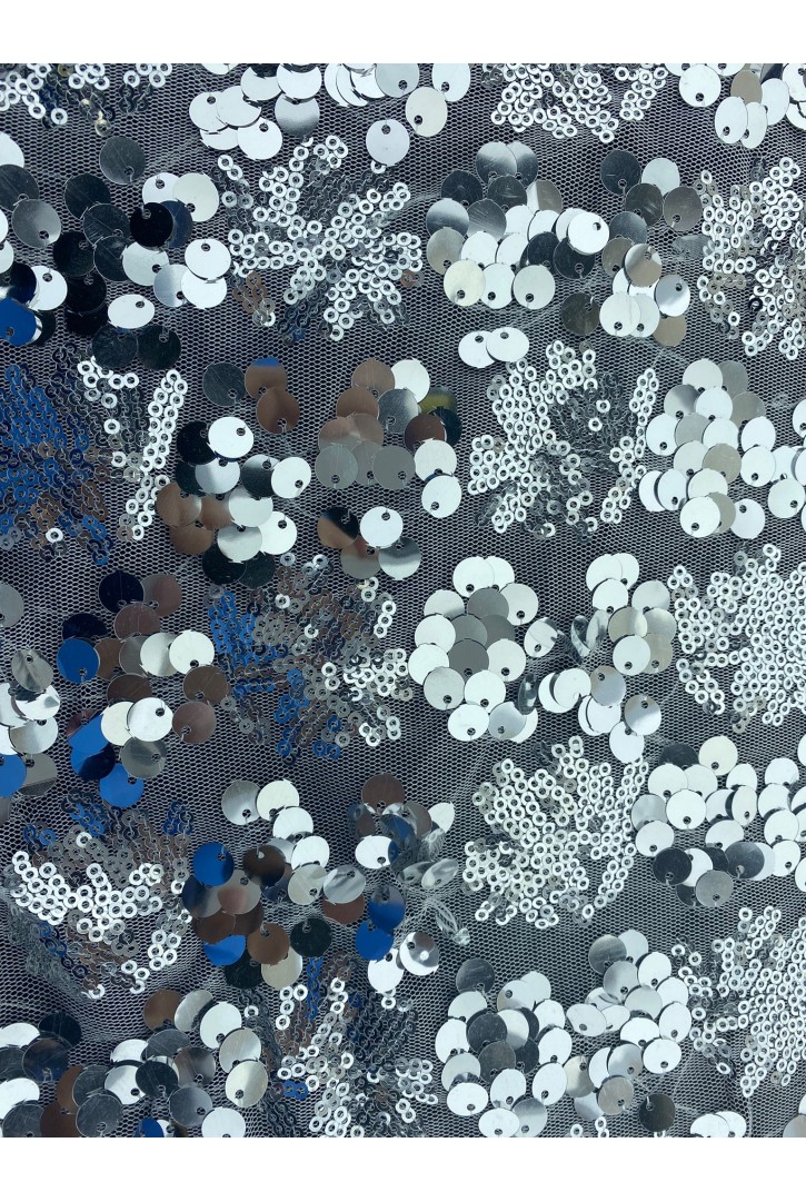 Likralı Gümüş Pullu Tül Kumaş, 130 cm