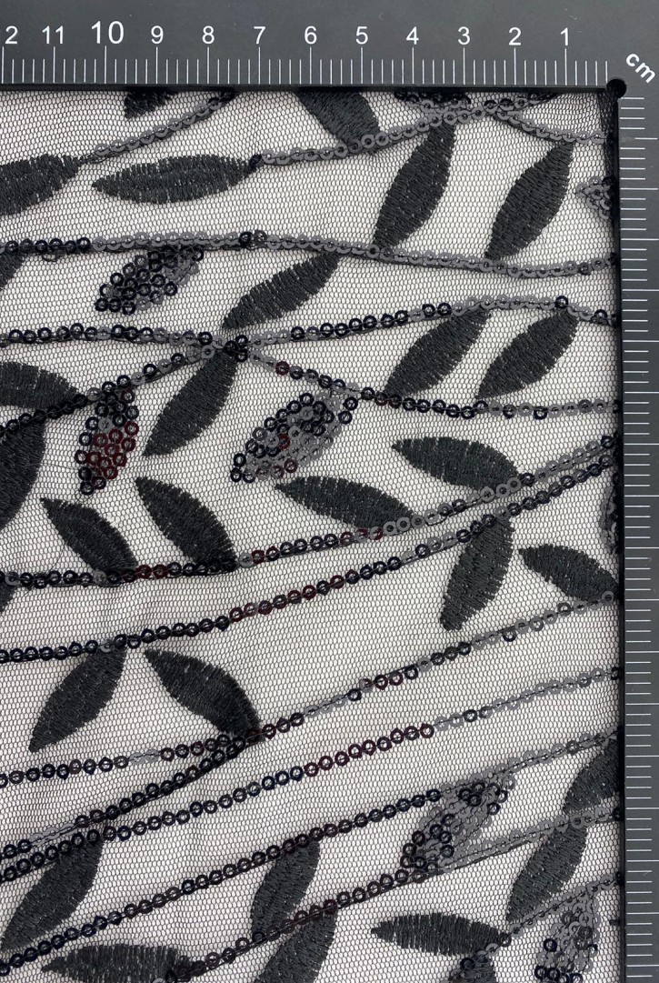 Siyah Kadife Üzeri Siyah Pullu Likralı Kumaş