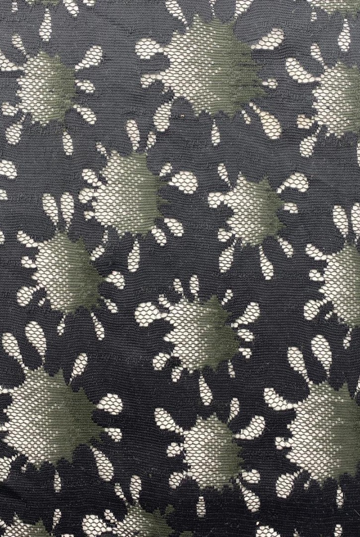 Siyah Zemin Haki Desenli Naylon Polyester Dantel