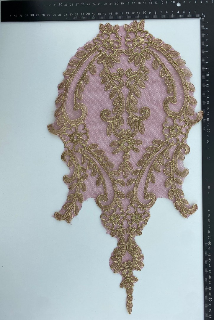 50 cm Bordo Tül Üzeri Gold Simli Aplik Brode, İthal