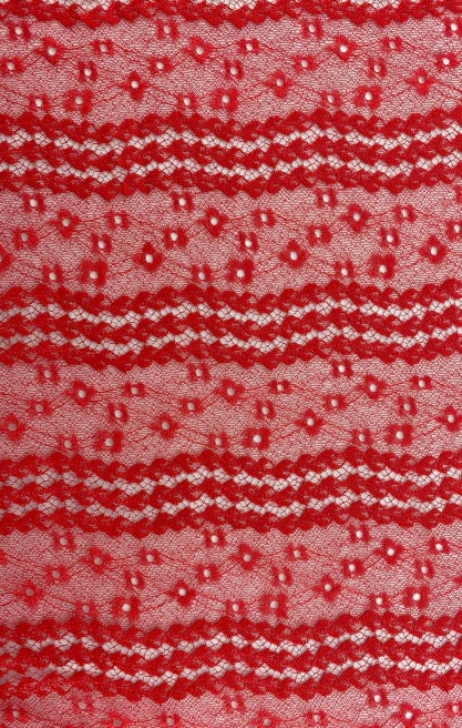 Simli Kırmızı Polyester Dantel Kumaş