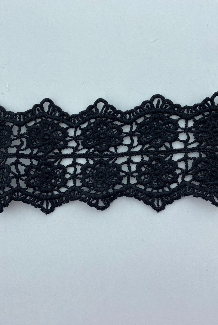 Siyah Mat Polyester Güpür Brode Bant, 6 cm