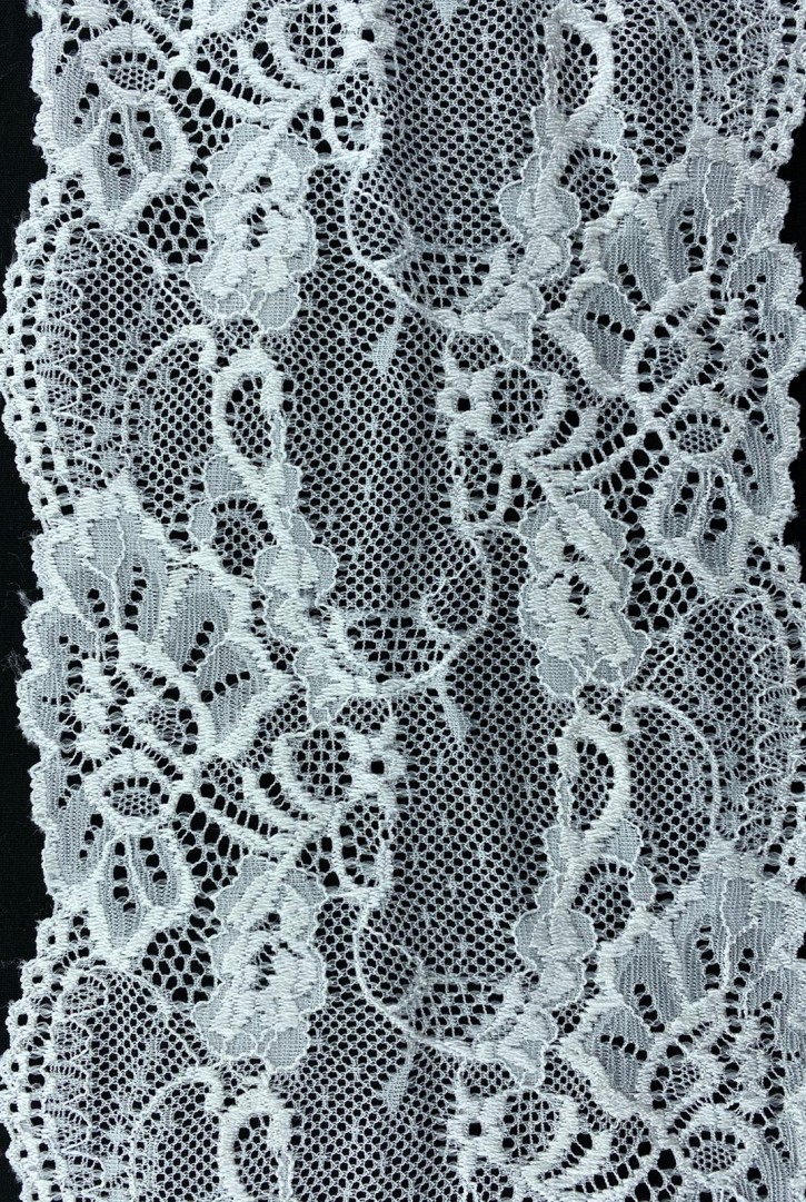 Off White Likralı Polyester Dantel Bant, İthal, 14 cm