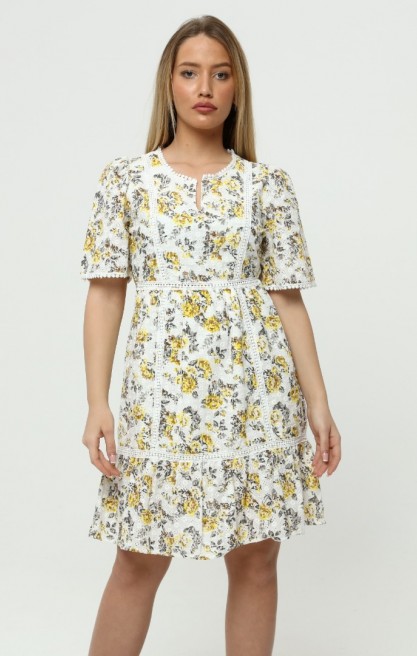 Kadın Şerit Detaylı Çiçek Desenli Elbise