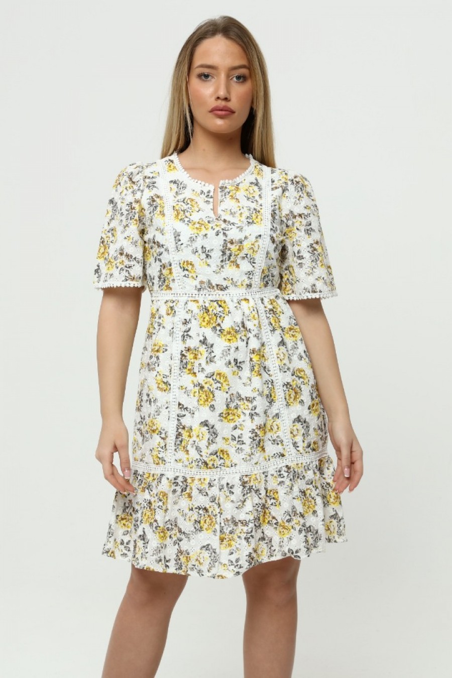 13014 Kadın Şerit Detaylı Çiçek Desenli Elbise