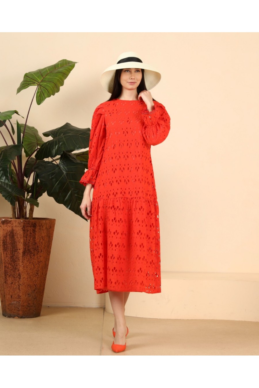 Kadın Pilili Kollu Midi Elbise