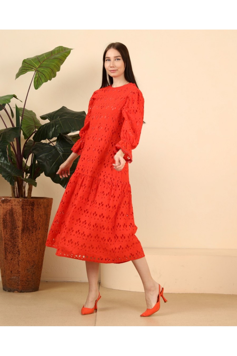 Kadın Pilili Kollu Midi Elbise