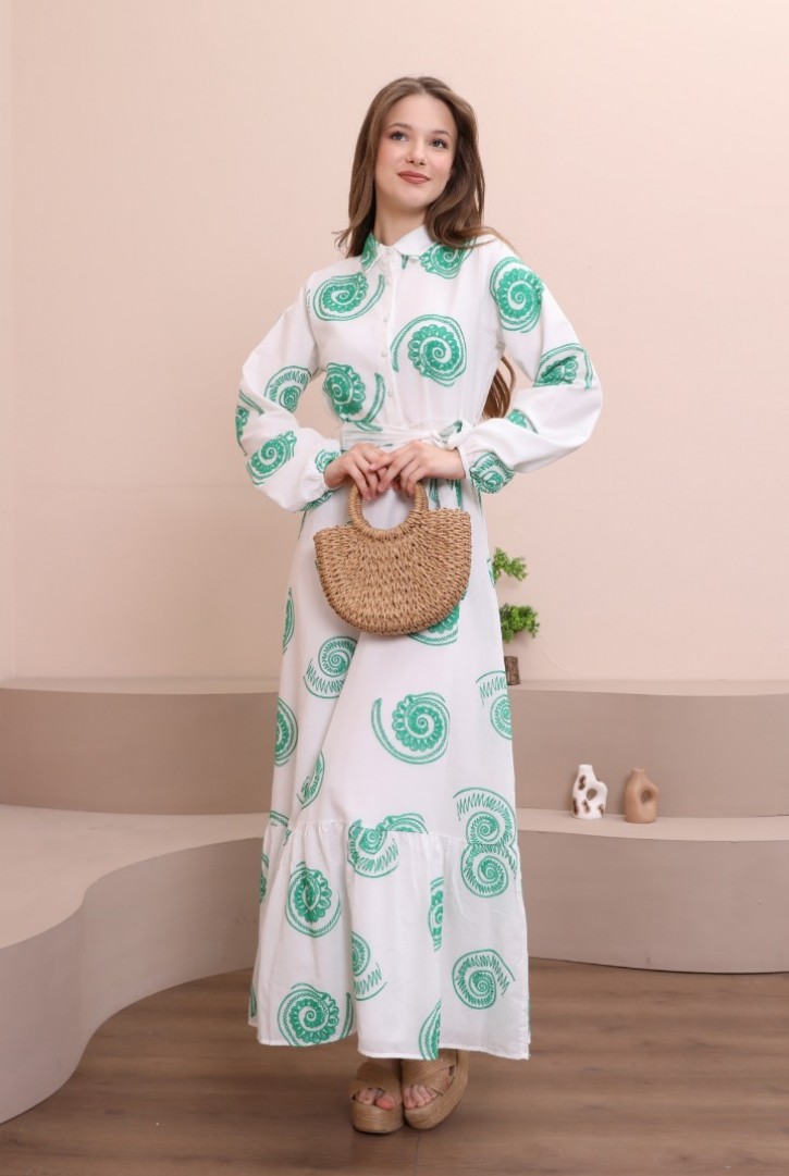 Kadın Deniz Kabuğu Desenli Maxi Elbise