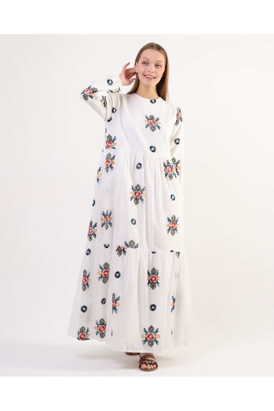 18140 Kadın Doğal Kumaş Çiçekli Maxi Elbise