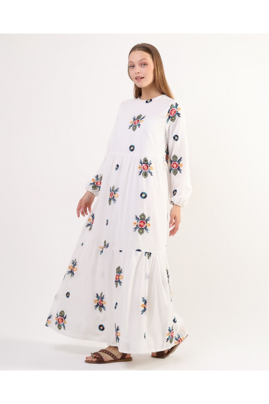 18140 Kadın Doğal Kumaş Çiçekli Maxi Elbise