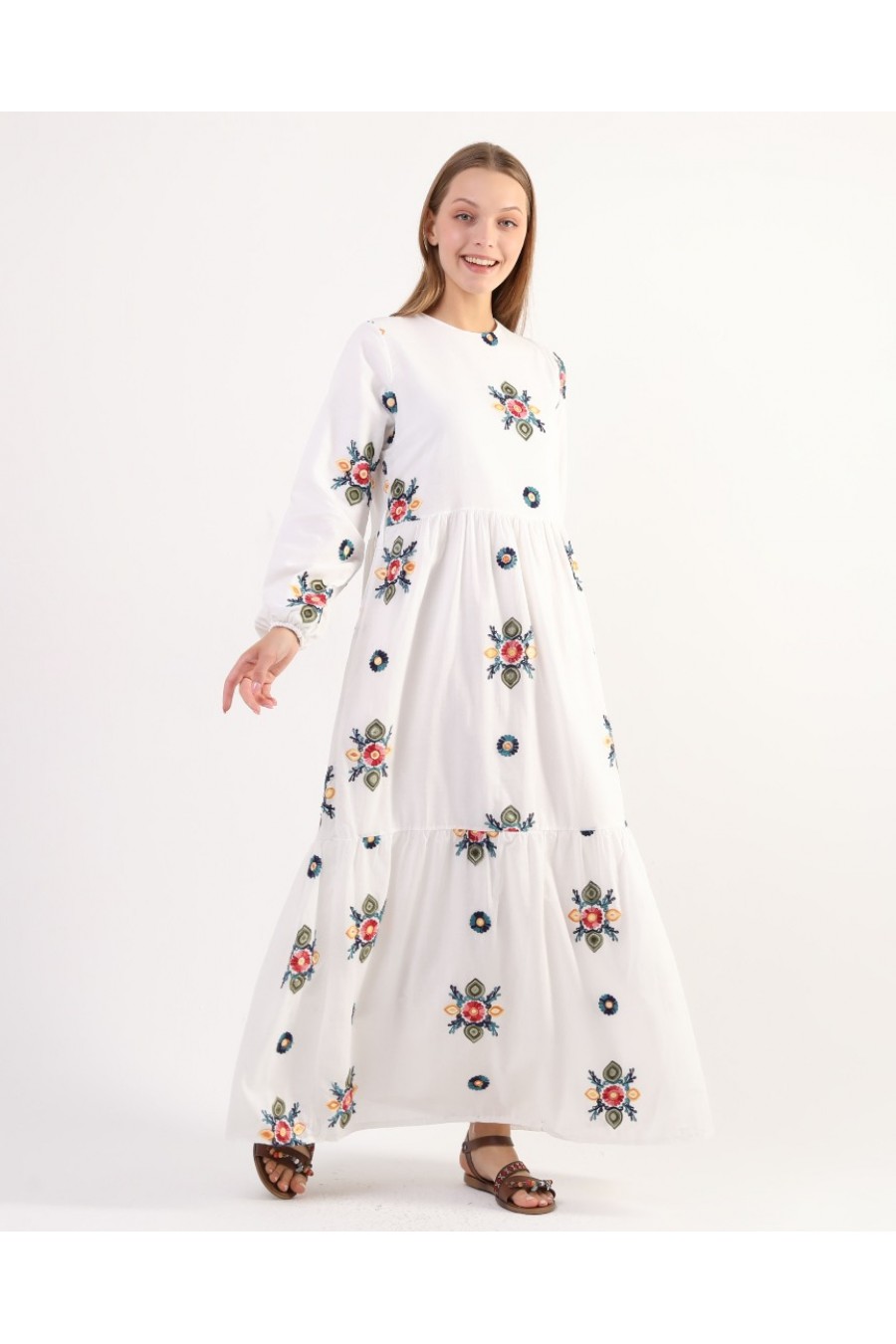 18140 Kadın Doğal Kumaş Çiçekli Maxi Elbise