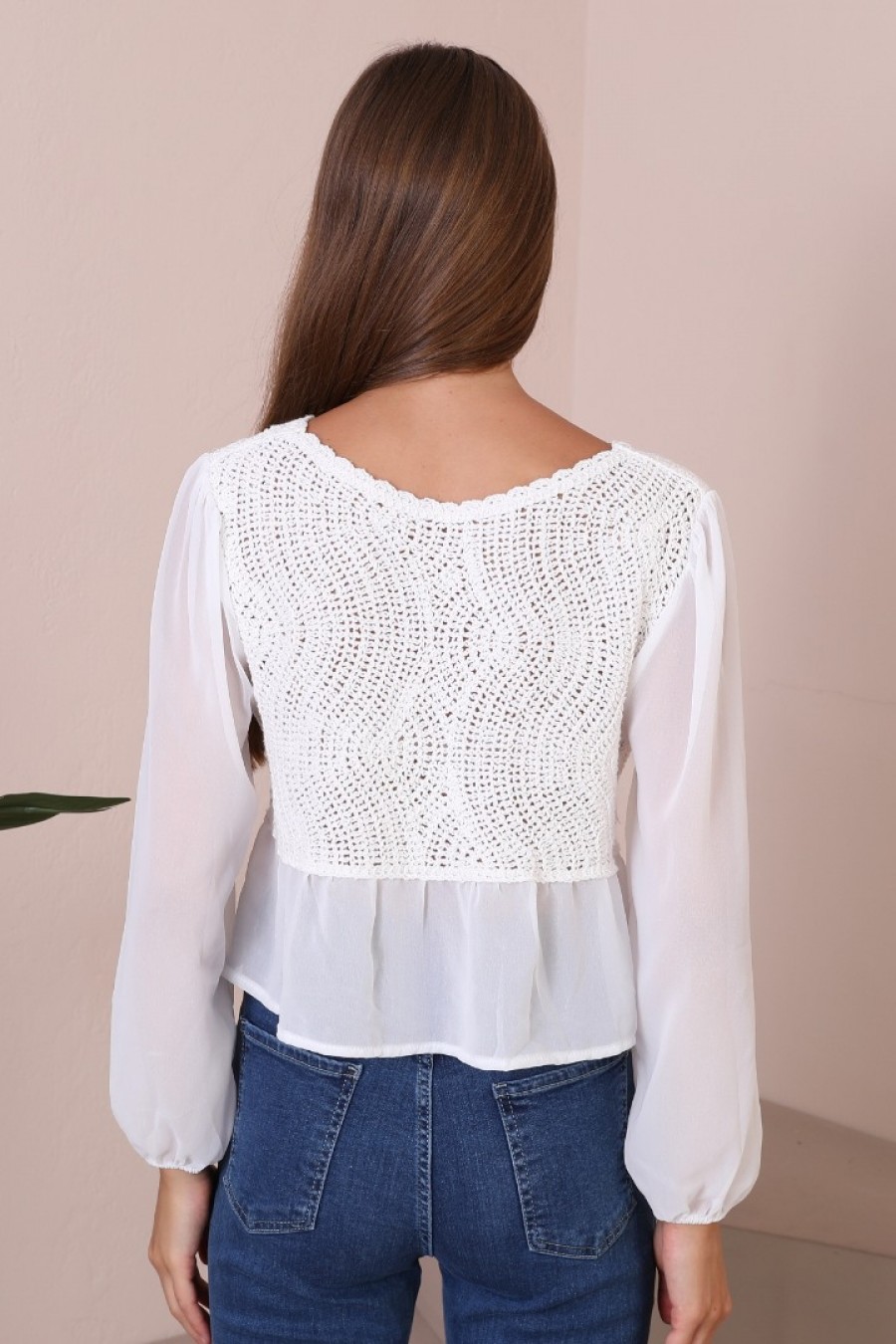 18219 Kadın Tığ İşlemeli Dokuma Bluz