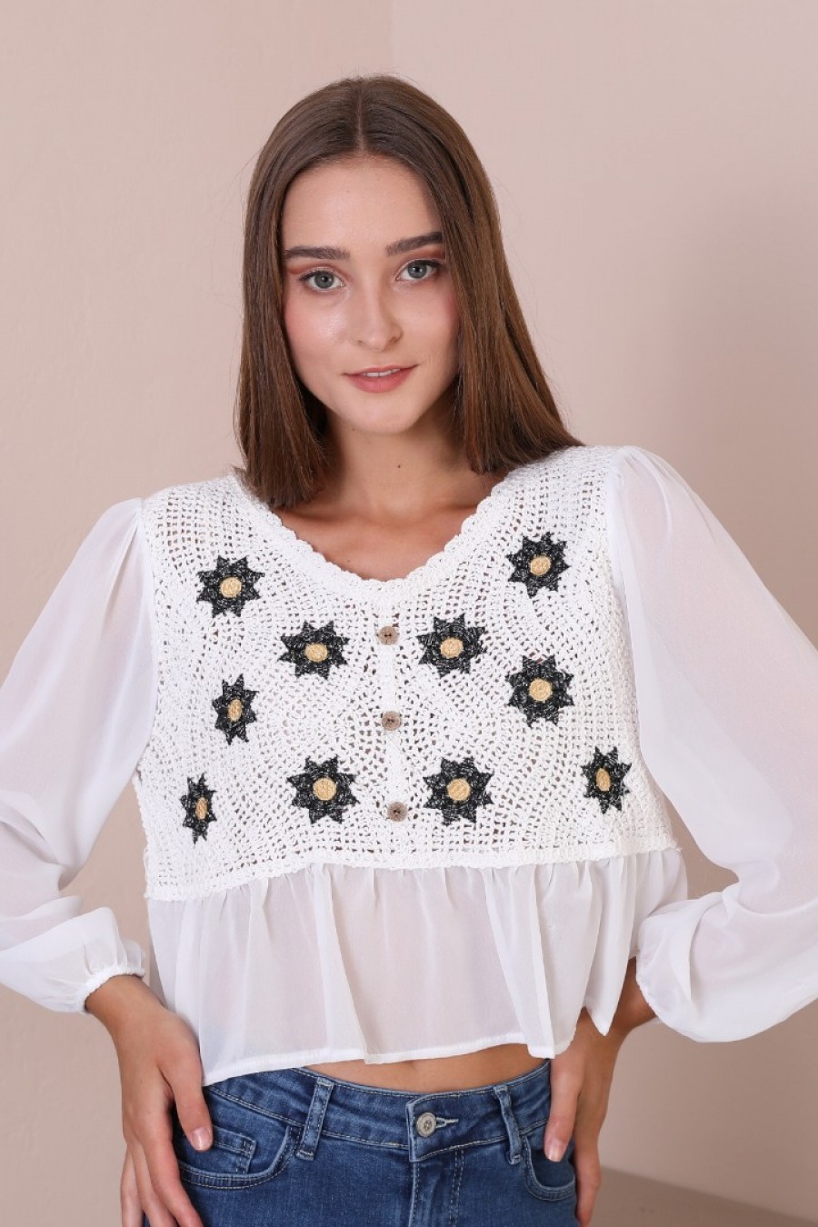 18219 Kadın Tığ İşlemeli Dokuma Bluz