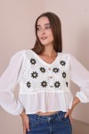 18219 Kadın Tığ İşlemeli Dokuma Bluz