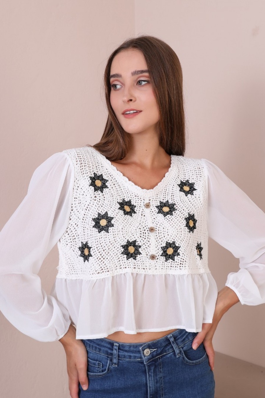 18219 Kadın Tığ İşlemeli Dokuma Bluz