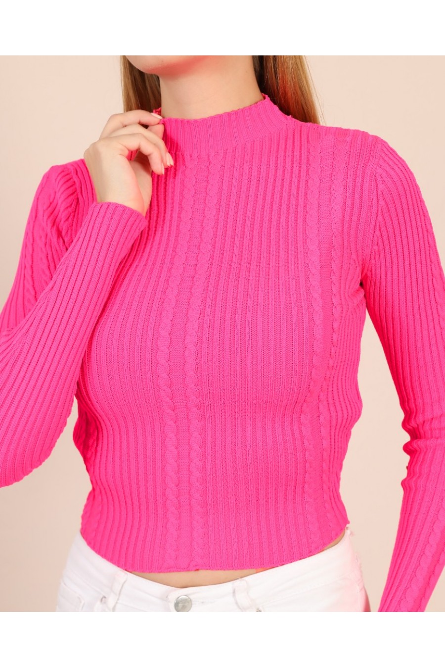 18729 Kadın Örgü Desenli Triko Kazak