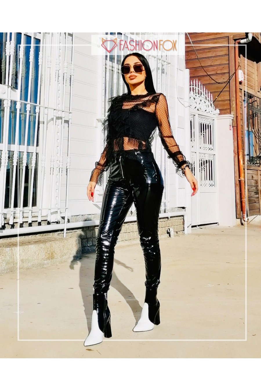 10095 Kadın Fırfır Detaylı Flok Tül Bluz