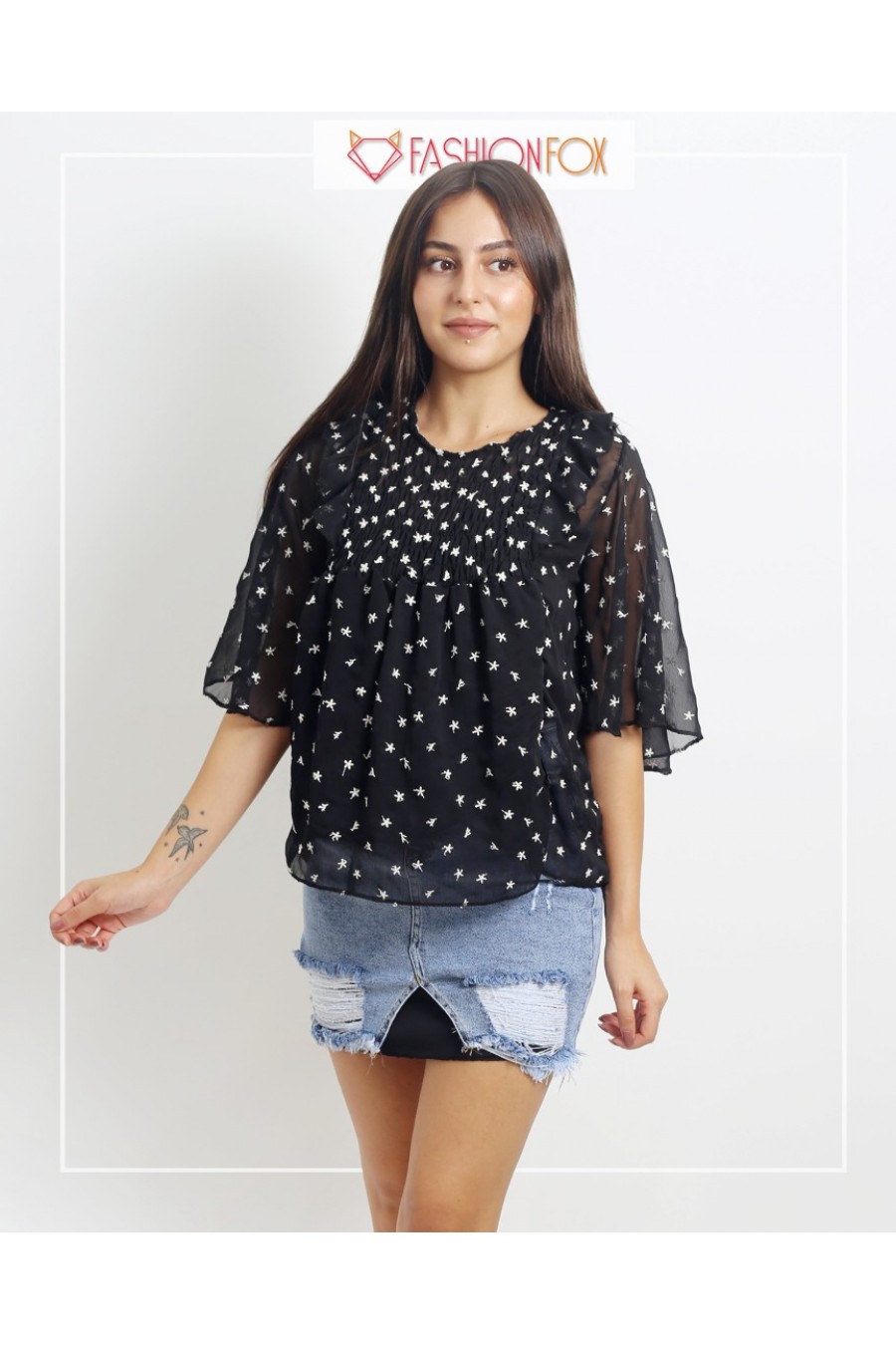 10869 Kadın Yarasa Kollu Transparan Bluz