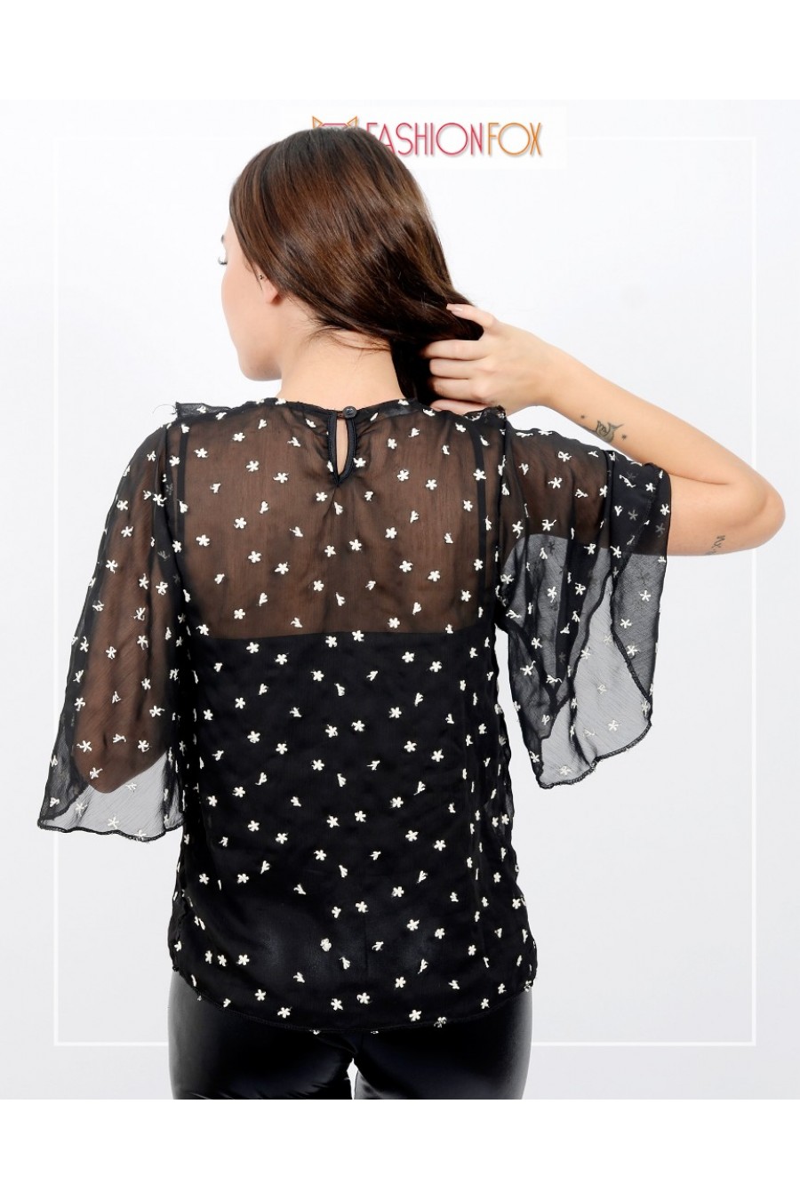10869 Kadın Yarasa Kollu Transparan Bluz