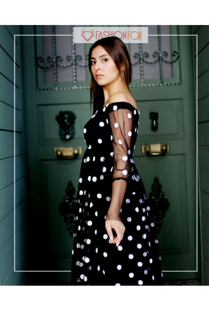 Kadın Puantiyeli Madonna Yaka Tül Elbise