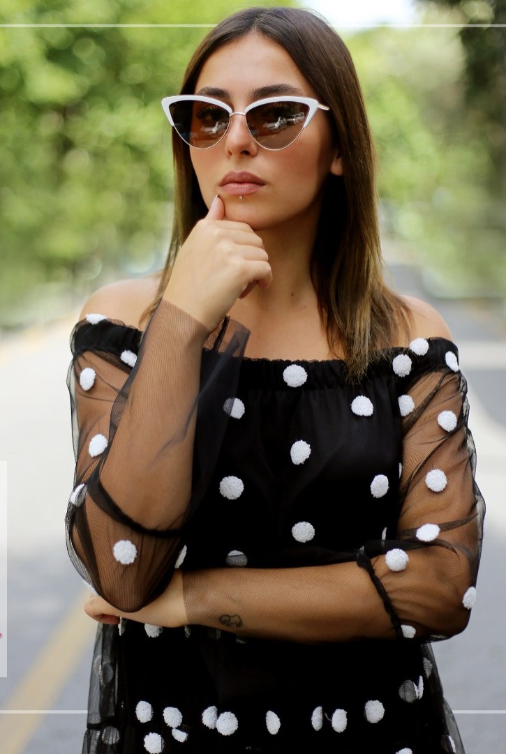 Kadın Puantiyeli Madonna Yaka Tül Elbise