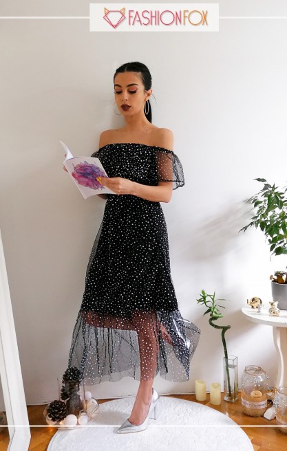 Kadın Madonna Yakalı Midi Tül Elbise